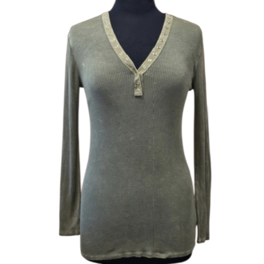 Vintage Y2K Elenacore T Party Small Olive Henley V-Neck Long Sleeve Top Ribbed